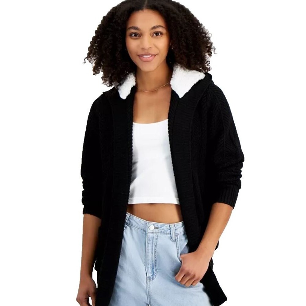 Madden Girl Juniors Sherpa Lined Open Front Hooded Cardigan Sweater Black Small